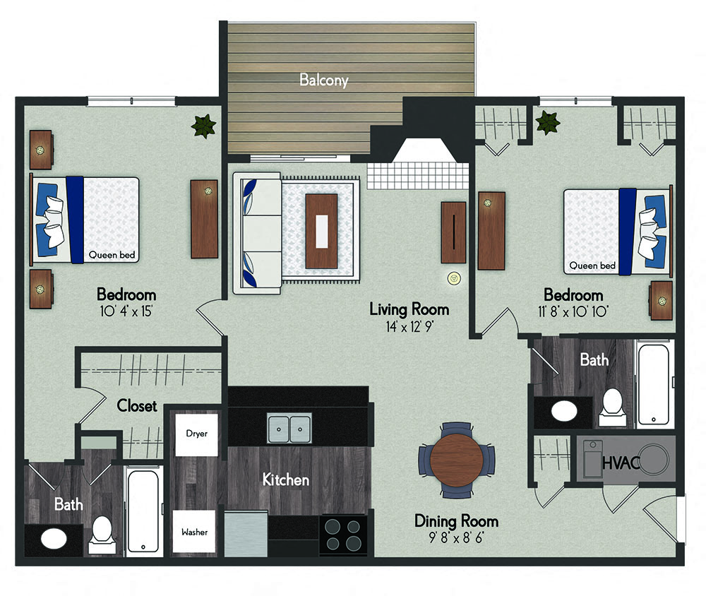 Floor plan for 2 beds, 2 baths, 905 sqft